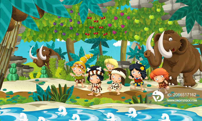 cartoon scene with cavemen traveling near the stream and apple trees with mammoths - illustration fo