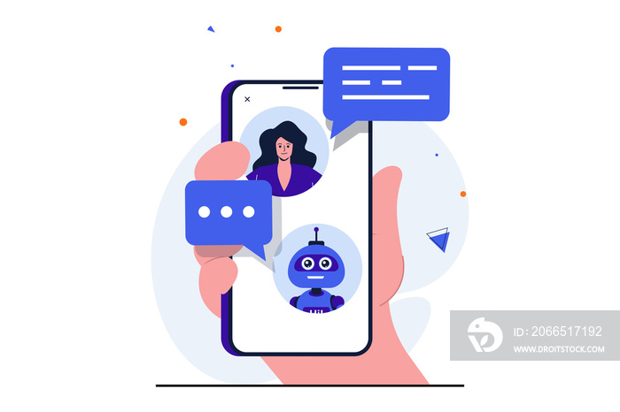 Virtual assistant modern flat concept for web banner design. Woman is chatting with chat bot and loo