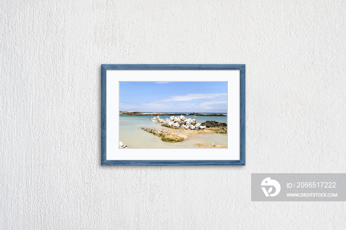 Frame mock up with oceanview and seagulls picture, grey blue realistic wooden framework isolated on 