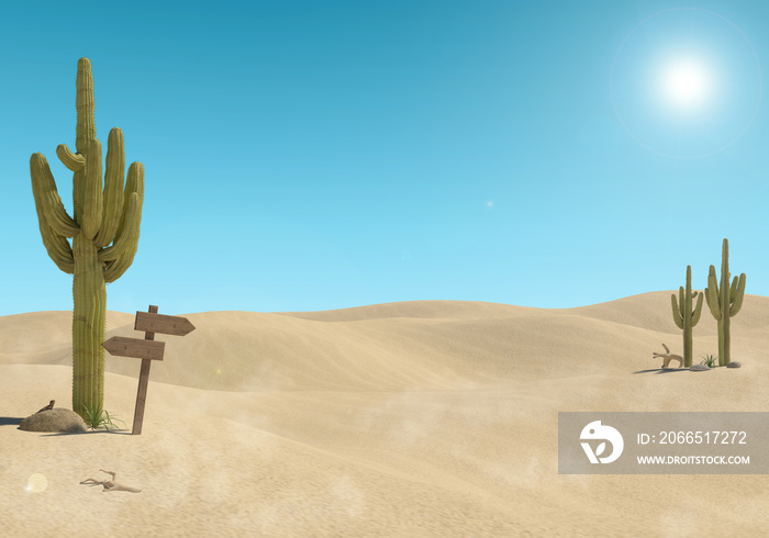 沙地沙漠景观，在蓝天背景上有仙人掌和木制标志，3D渲染