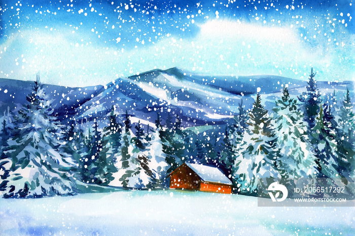 Mountains watercolor painting, Holiday winter landscape background with winter tree.