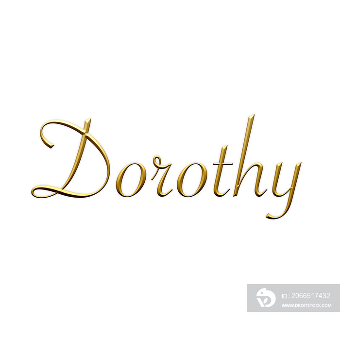 Dorothy - Female name . Gold 3D icon on white background. Decorative font. Template, signature logo.