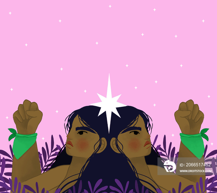 Mujer reflejada con el puño en alto y pañuelo verde feminista con fondo rosado y estrellas