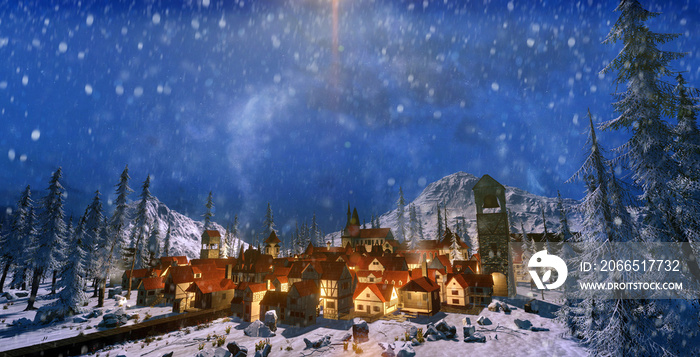 黎明时分小山村雪景的3d渲染图。