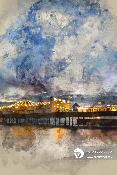 Digital watercolor painting of Winter sunset over Brighton pier.
