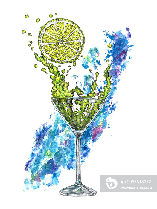 A glass of margarita cocktail and a piece of lemon with blue abstract paint splash on background, ha