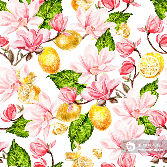 木兰花和柠檬水彩画的无缝背景。