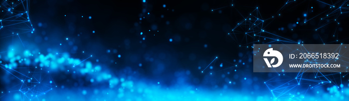 Abstract Panoramic Blue bokeh defocus glitter blur background. Technology background concept.