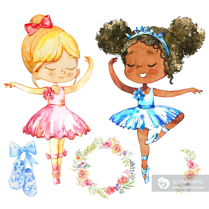 African Caucasian Ballerina Girl Character Set. Cute Friend wear Blue and Pink Tutu Dress Training i