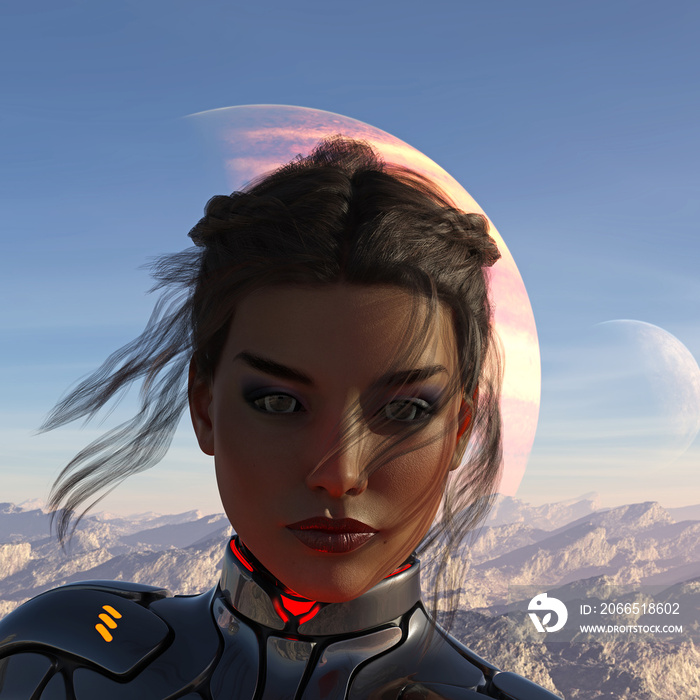 3d illustration of a woman in a space suit with an alien planet and moon in the background.