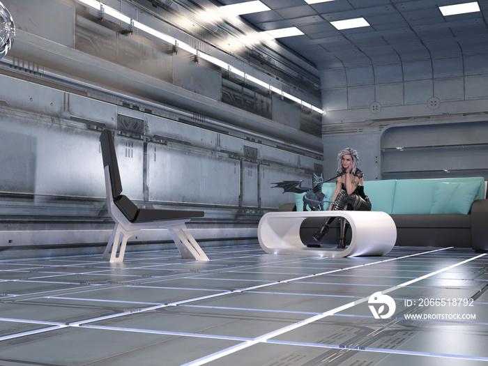 Illustration of a woman with a small flying dragon sitting on a table in a futuristic modern room.