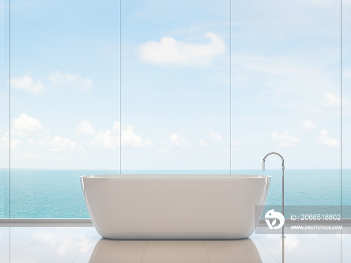 极简风格的浴室3d渲染，有白色地板、无框玻璃墙和圆形浴缸，那里