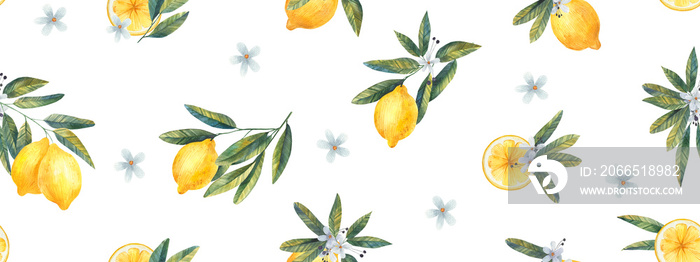 Seamless pattern with watercolor lemons, slices, green leaves on white background. For design, print