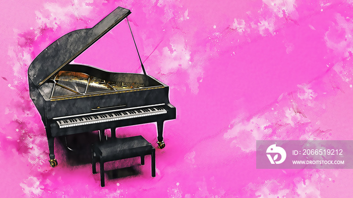 Black-Gold Grand Piano illustration combined pencil sketch and watercolor sketch under pink backgrou