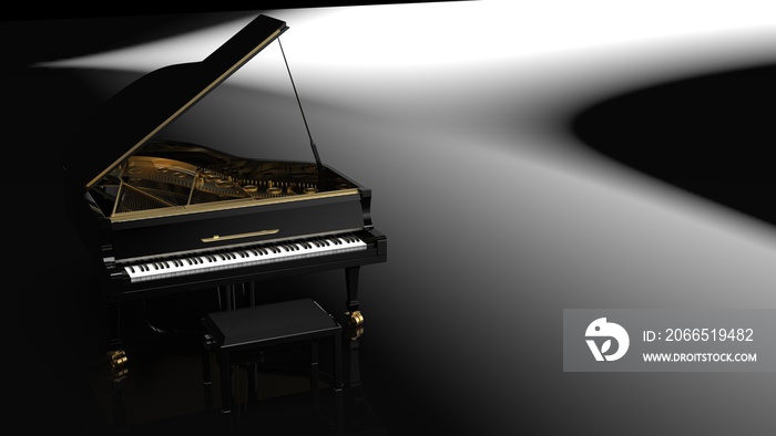 Black-Gold Grand Piano. 3D illustration. 3D illustration. 3D high quality rendering. 3D CG.