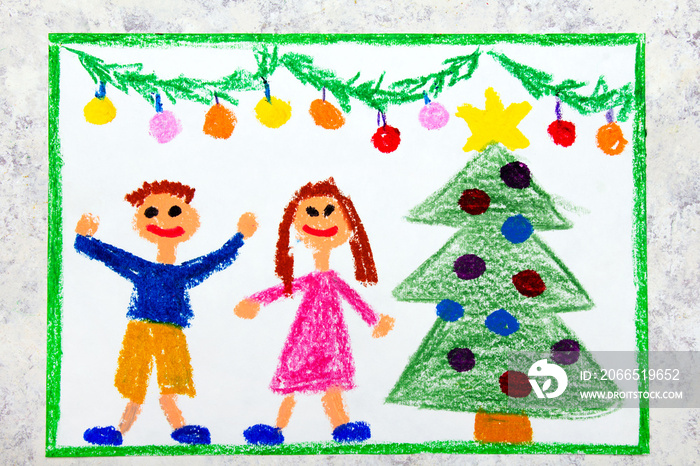 Colorful drawing: A Christmas time, a smiling couple and a beautiful Christmas tree