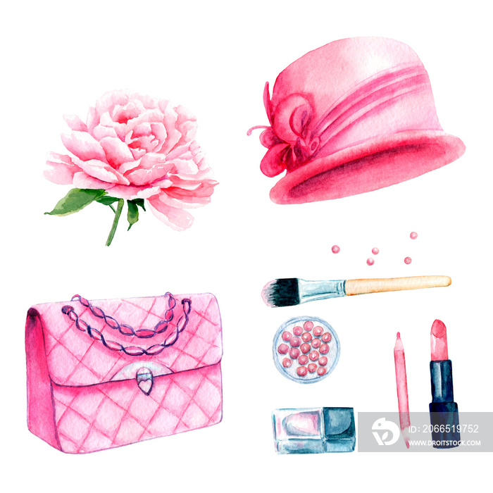 watercolor drawings: womens things. Hat, handbag, cosmetics, peony