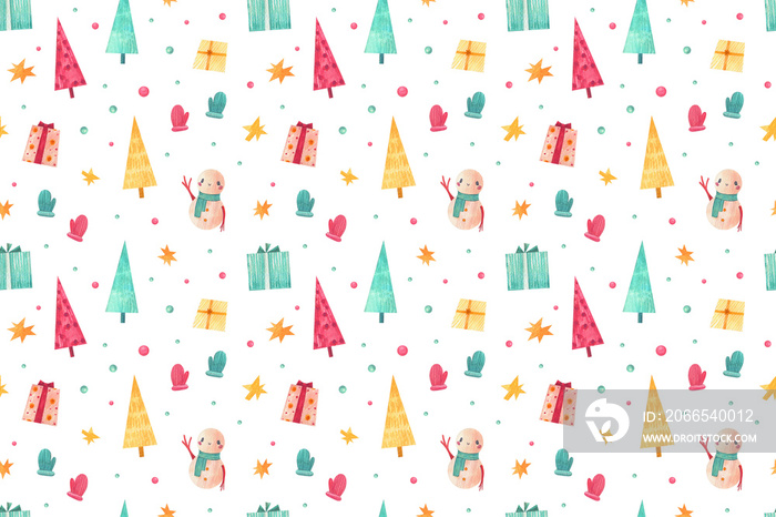 watercolor christmas seamless pattern with a lot of cute little winter elements (snowman, christmas 