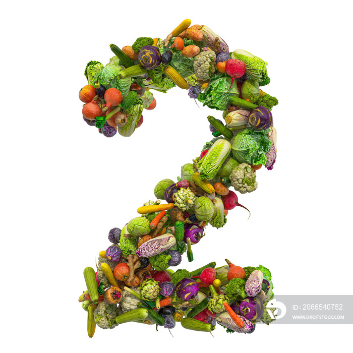 来自蔬菜的数字2，3D渲染