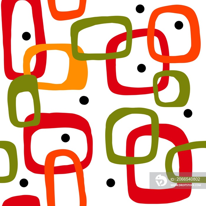 Seamless hand drawn mid century modern pattern in red green orange colors. Retro vintage 50s 60 diam