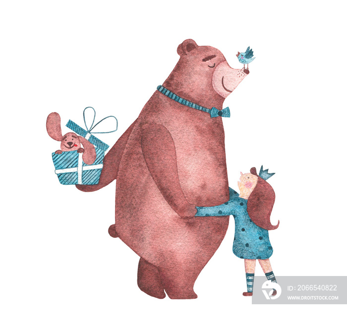 Watercolor cute bear hugs girl and congratulating her with happy birthday