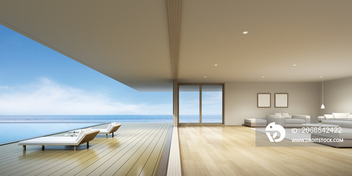 Perspective of modern luxury building with wood terrace and swimming pool on sea view background,Ide