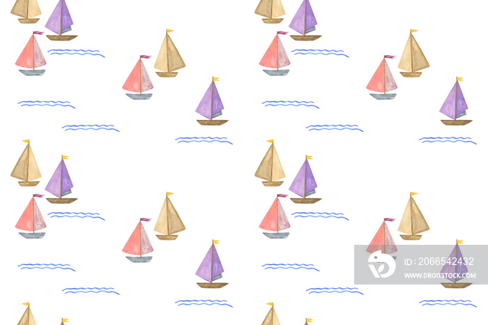 Yachts repeat pattern, watercolor hand drawn regatta watercolor illustration on the white background