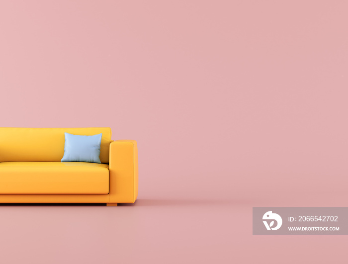 蓝色背景下的黄色沙发模型，最小概念，3D渲染。