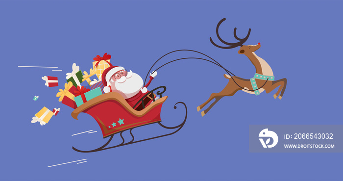 圣诞老人与圣诞礼物在紫色背景的驯鹿雪橇中的组合