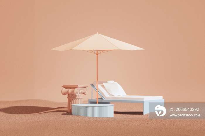 Minimal composition for vacation holiday and summer concept. Beach umbrella , sun lounger and tropic