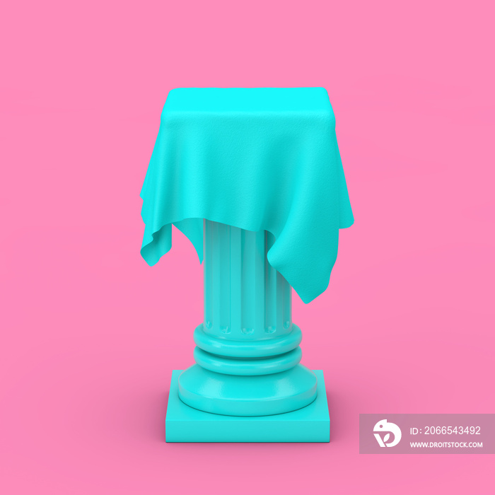 Blue Presentation Column Pedestal with Silk Cloth in Duotone Style. 3d Rendering