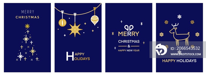 シンプルでモダンなクリスマスカードセット4種（青）　Merry Christmas modern card set elements greeting text lettering blue back