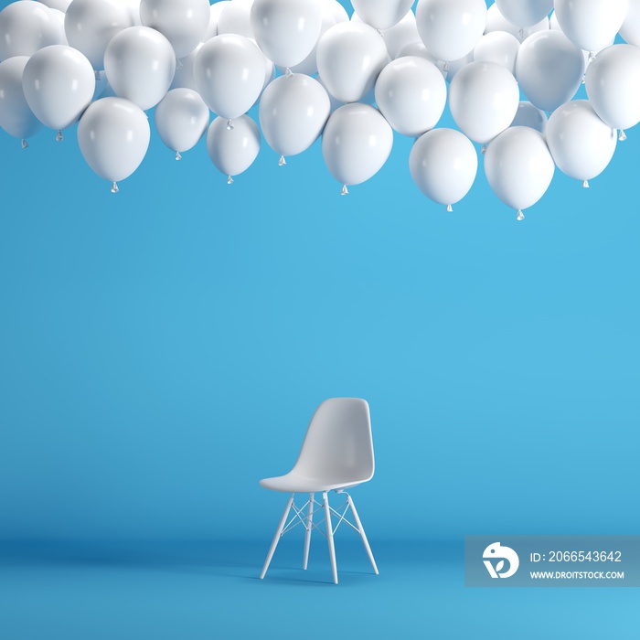 蓝色背景房间工作室中的白色椅子，带漂浮的白色气球。最小创意浓度