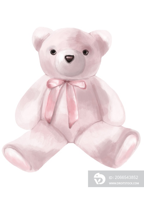 Valentines Day. Watercolor style illustration of a pink stuffed bear on the flat white background