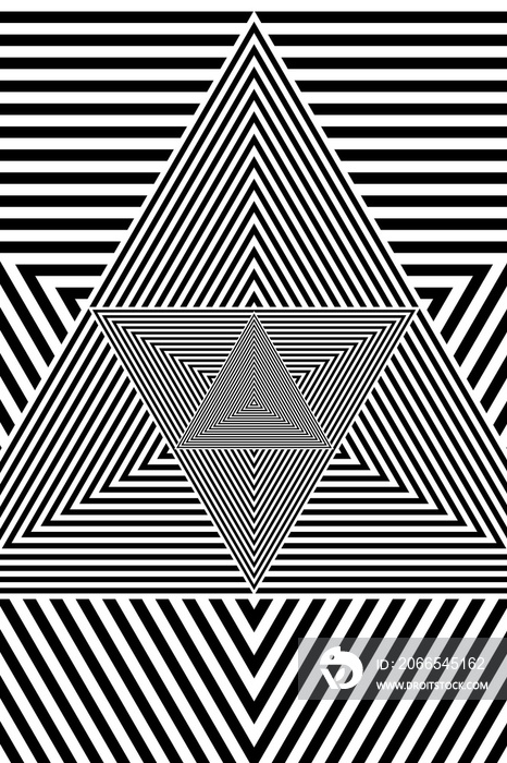 抽象的黑白三角形几何图案。迷幻条纹纹理。光栅照明