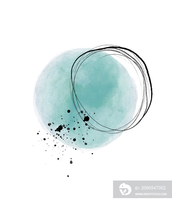 Abstract Minimalist Art. Creative Illustration with Big Blue Watercolor Dot and Black Paint Splatter