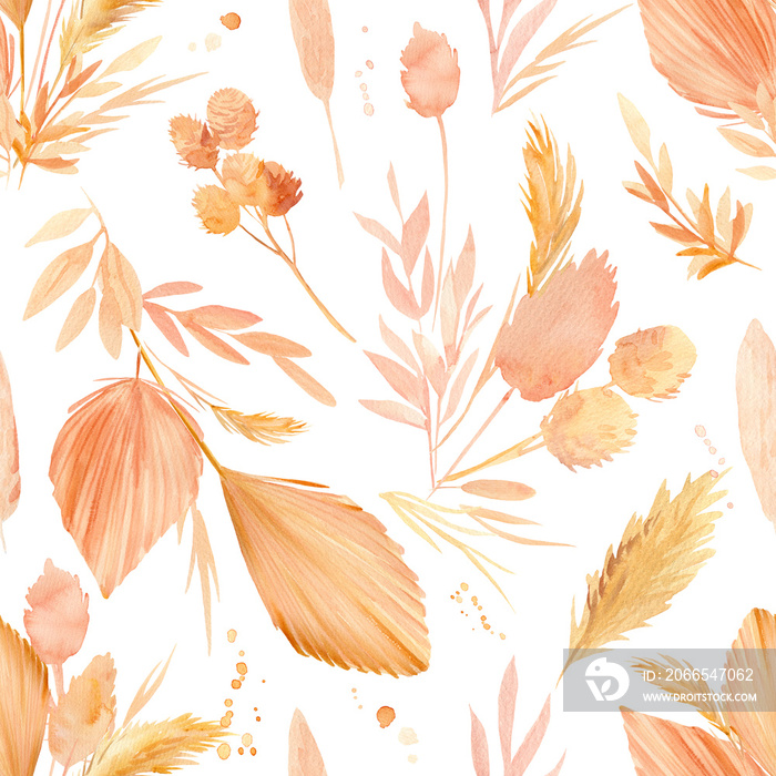 Dry flowers herbs, leaves watercolor, seamless patterns