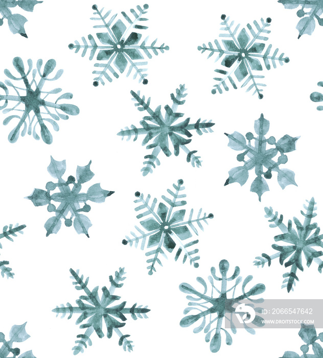 蓝色冰冻圣诞雪花图案的水彩插图，孤立在白色背景上