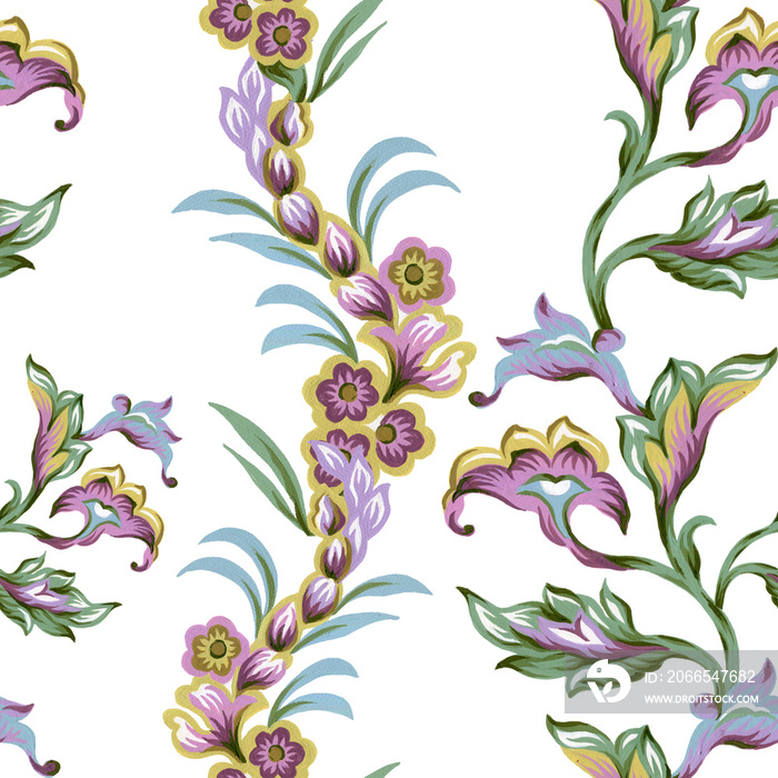 Seamless pattern with abstract fantasy flowers and leaves Paisley or Damask jacobean style Watercolo