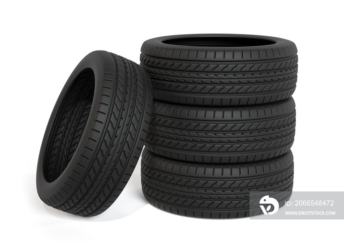 new tires on white background car wheels stack garage shop 3D illustration