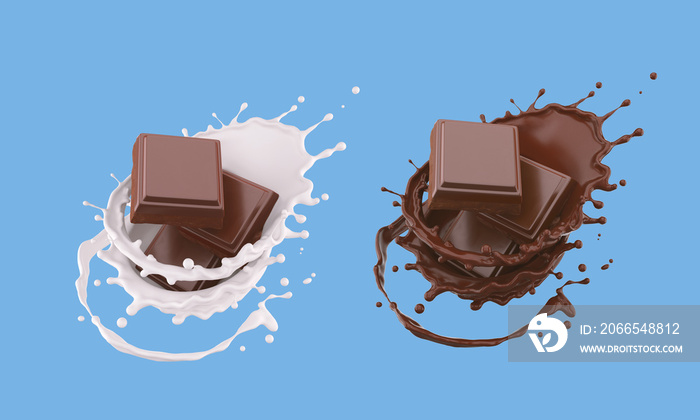巧克力碎片落入热巧克力和白牛奶的飞溅中，3d插图。
