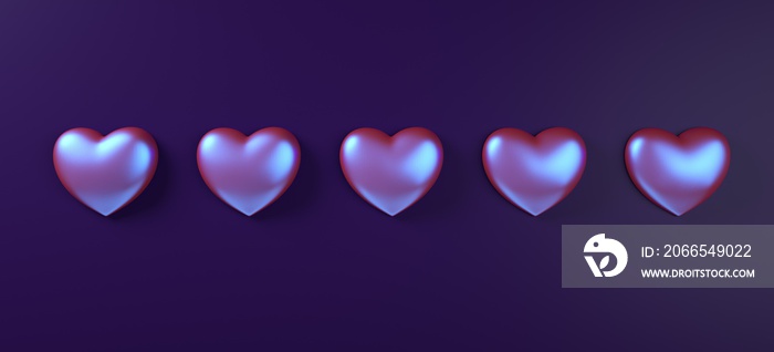 情人节心形背景图案3d渲染插图。紫色霓虹灯全息平面图