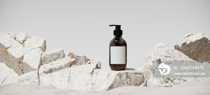 Minimal mockup background for product presentation. Cosmetic bottle and beige stone on sand beach. 3