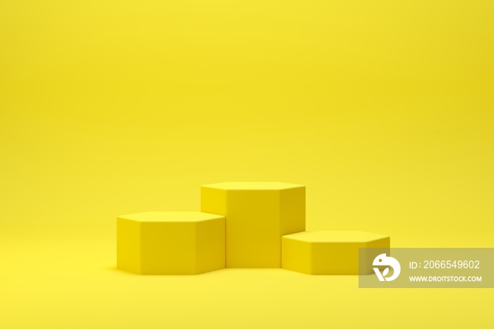 3d渲染抽象几何图形讲台场景，黄色背景用于展示和产品