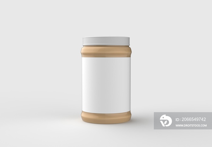 罐子里的花生酱实物模型，在柔软的灰色背景上隔离，带有白色标签。3D插图。