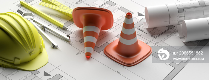 Project construction site, blueprints, hardhat and construction cones, banner. 3d illustration