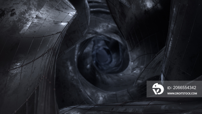 Futuristic wormhole with black metallic walls 3D render