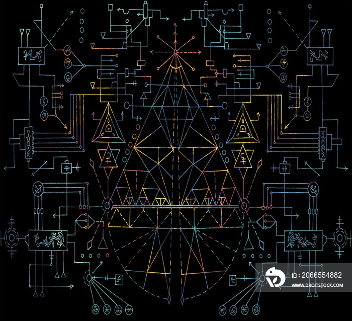 Demon with horns and geometric lines and symbols on black. Death symbol, black magic concept. Occult