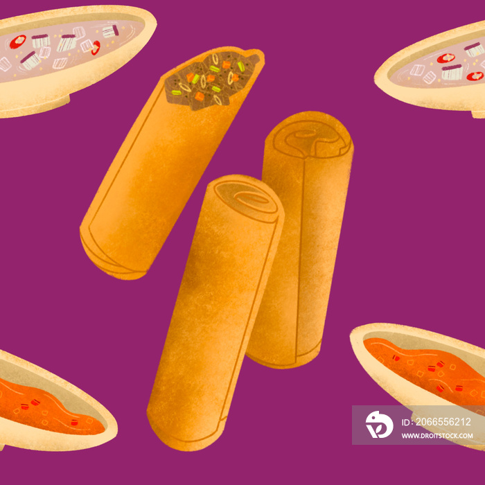 菲律宾肉丸（炸春卷），配糖醋酱和紫色背景插图