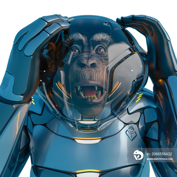 chimpanzee astronaut fearful expression in a white background